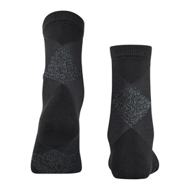 Falke black socks shown from back, featuring grey argyle diamond pattern on ankle, mid-length cut, two angles displayed.