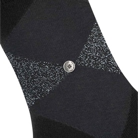 Falke black socks with subtle glitter diamond pattern and small silver logo emblem at ankle