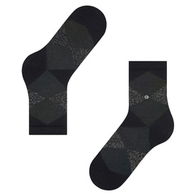 Falke black ankle socks with dark grey geometric diamond argyle pattern, shown as a flat pair from above.