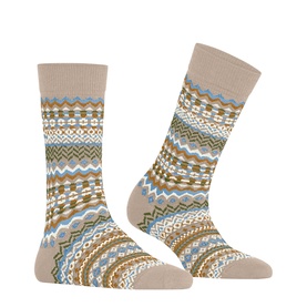 Falke socks in Cafe Latte with multicolour Fair Isle zigzag and stripe pattern in blue, gold and white, shown as a pair.