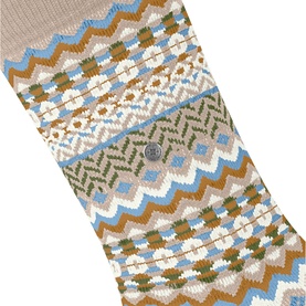 Falke socks in Cafe Latte with multicolour Fair Isle pattern featuring blue, olive, and tan zigzag and geometric bands.