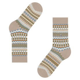 Falke Cafe Latte socks with multicolour Fair Isle pattern in olive, blue and white horizontal bands on beige base.