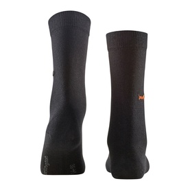 Falke black socks shown from behind, featuring orange logo detail at ankle and ribbed cuff, mid-calf length