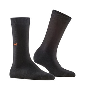 Falke black socks with small orange fox logo embroidered at ankle, shown as a pair in a flat product shot.