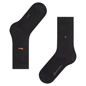 Falke black socks shown as a pair, featuring a small orange dachshund embroidery and grey reinforced heel and toe detail.