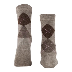Falke socks in Nutmeg Mel, crew length with brown and pink argyle diamond pattern, shown as a pair from the back.