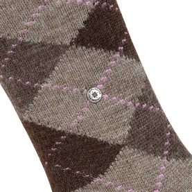 Falke socks in Nutmeg Mel, featuring a classic argyle pattern in brown and taupe tones with pink diamond stitch detail.