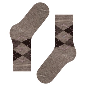 Falke socks in Nutmeg Mel, featuring classic argyle diamond pattern in brown and pink tones, mid-calf length, shown as a pair.