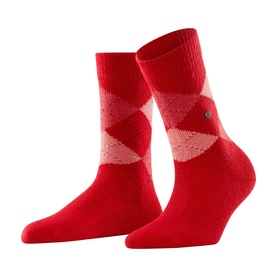 Falke socks in Vermillion Red with pink argyle diamond pattern and ribbed cuff, shown as a pair