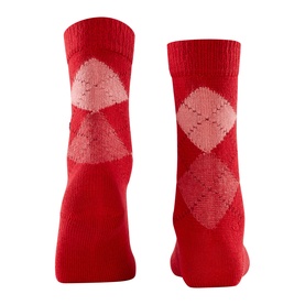 Falke socks in Vermillion Red with pink argyle diamond pattern, shown from the back as a pair, ankle height.