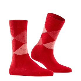 Falke socks in Vermillion Red with pink argyle diamond pattern, mid-calf length, knitted finish