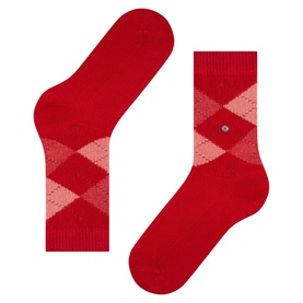 Falke socks in Vermillion Red with pink argyle diamond pattern, shown as a flat pair front and back view.