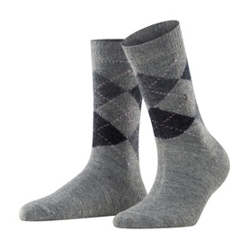 Falke grey argyle socks with navy and white diamond pattern, mid-calf length, displayed as a pair