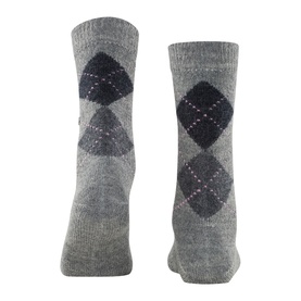Falke socks in grey with navy and charcoal argyle diamond pattern, shown front and back views, ankle length