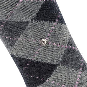 Falke grey argyle socks with pink diamond stitch detailing and silver branded rivet, close-up texture shot