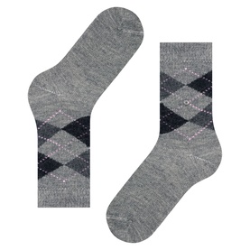 Falke grey argyle socks with navy and pink diamond pattern, shown flat and upright, mid-calf length