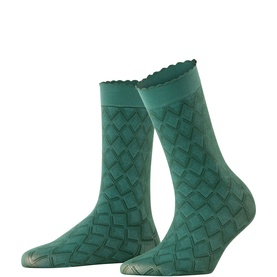 Falke Pine Grove green diamond-pattern socks with scalloped cuff trim, shown as a pair