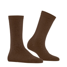 Falke cappuccino cable-knit crew socks shown as a pair, mid-calf length in warm brown textured yarn