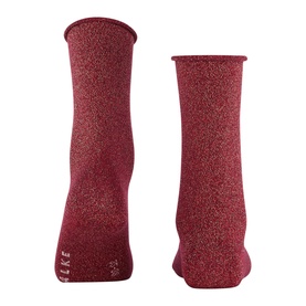 Falke socks in Barolo, deep red metallic lurex knit, shown front and back, mid-calf length