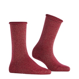 Falke socks in Barolo red with metallic lurex shimmer, crew length, shown as a pair on plain background