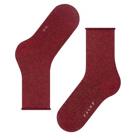 Falke socks in Barolo red with all-over metallic shimmer, shown as a flat pair front and back view