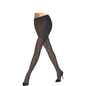 Model wearing Falke black tights with floral lace pattern on one leg, styled with a black mini skirt and heels.