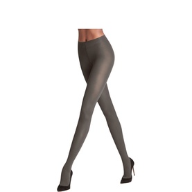 Model wearing grey opaque tights with a smooth matte finish, styled with black pointed-toe heels