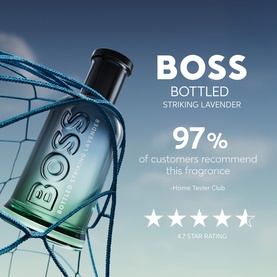 Hugo Boss Bottled Striking Lavender eau de toilette bottle against blue sky backdrop with 97% customer recommendation claim