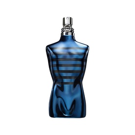 Jean Paul Gaultier Ultra Male EDP in dark blue torso-shaped bottle with silver cap and black stripe detail