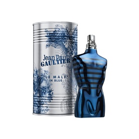 Jean Paul Gaultier Le Male In Blue EDP in iconic torso bottle with illustrated cylindrical tin packaging