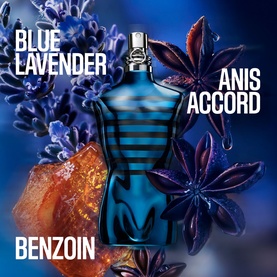 Jean Paul Gaultier Le Male EDP bottle with blue and black stripes, surrounded by lavender, star anise, and amber resin ingredients