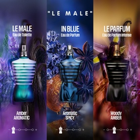 Jean Paul Gaultier Le Male fragrance trio: Eau de Toilette, In Blue Eau de Parfum, and Le Parfum Intense in iconic torso bottles