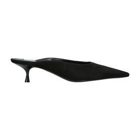 Victoria Beckham black suede pointed-toe kitten heel mule with slim flared heel, side profile view