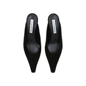 Victoria Beckham black suede pointed-toe mules with kitten heel, overhead flat lay view showing sleek minimal silhouette