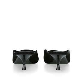 Victoria Beckham black suede mules with sculptural stiletto heel, shown from rear angle as a pair