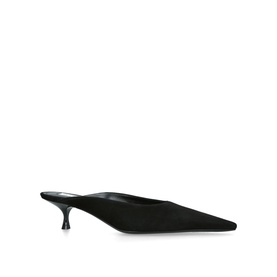 Victoria Beckham black suede pointed-toe kitten heel mule with sculptural curved heel, side profile view