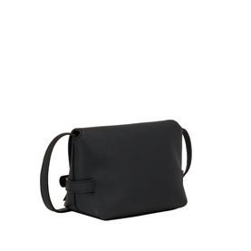 Longchamp black leather crossbody bag with adjustable strap, silver-tone hardware, and structured boxy silhouette, shown at angle