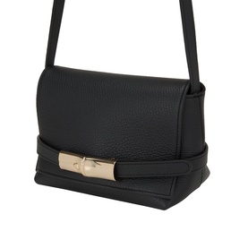 Longchamp black pebbled leather crossbody bag with gold-tone hardware clasp, adjustable strap, and flap closure