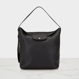 Longchamp black calf leather shoulder bag with fold-over flap, single top handle, and silver-tone press-stud closure