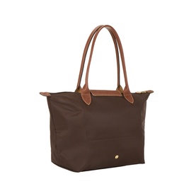 Longchamp Le Pliage shoulder bag in Moka, tan leather handles and trims, gold stud detail, structured nylon body