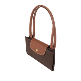 Longchamp Le Pliage shoulder bag in Moka, tan leather trims and handles, gold snap closure, structured silhouette