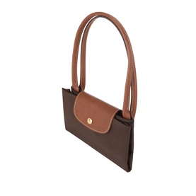 Longchamp Le Pliage shoulder bag in Moka, tan leather trims and handles, gold snap fastening, structured rectangular silhouette