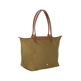 Longchamp olive nylon shoulder tote bag with tan leather handles and gold-tone press-stud fastening
