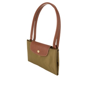 Longchamp olive shoulder bag in polyamide fabric with tan leather handles, fold-over flap closure and gold-tone press stud detail.
