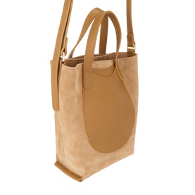 Longchamp pecan suede calf leather tote bag with tan leather trims, twin top handles, and detachable crossbody strap, gold-tone hardware
