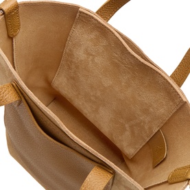 Longchamp pecan suede calf leather tote bag, interior view showing open compartment with suede lining and inner pocket