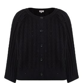 Masai black cable-knit cardigan with round neck, button front, scattered crystal embellishments, and wide sleeves