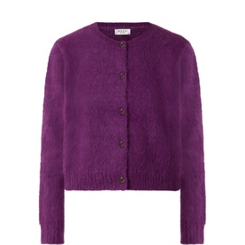 Masai Gloxinia cardigan in fluffy mohair-wool blend with round neck, button front, and ribbed cuffs