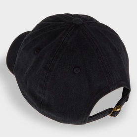 Sporty and Rich faded black cotton baseball cap, rear view showing gold buckle strap closure and six-panel construction