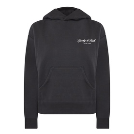 Sporty and Rich Signature Logo Hoodie in Faded Black with contrast chest logo, kangaroo pocket, fixed hood, and ribbed trims